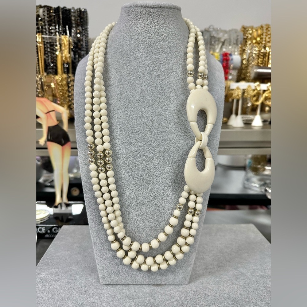 Vintage Ivory Acrylic Lucite Three Strand Long Statement Beaded Necklace